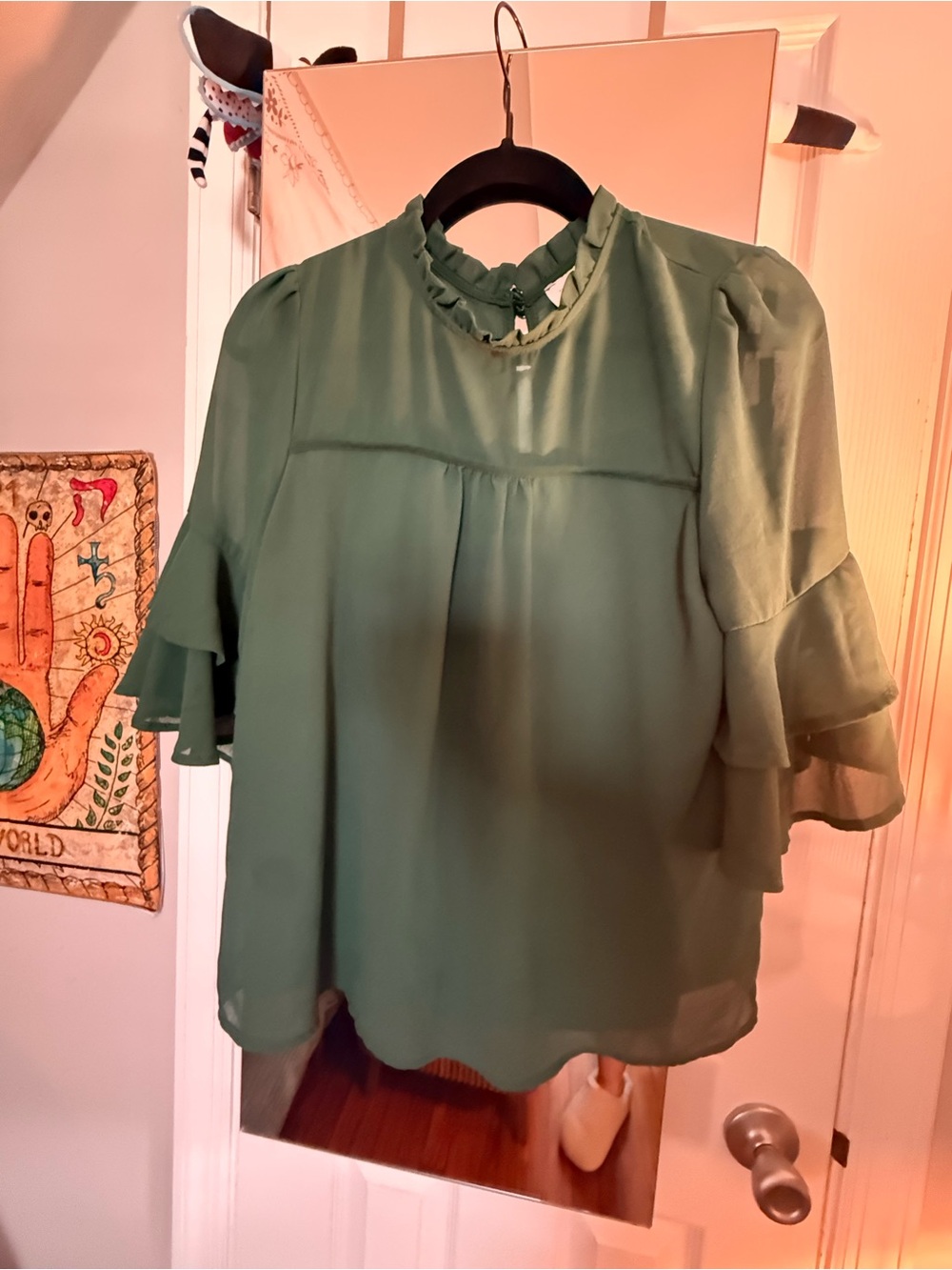 Ruffled High-Neck Green Blouse with Layered Flutter Sleeves
